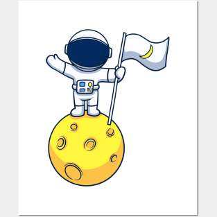 Astronaut On Planet With Crescent Moon Flag Posters and Art